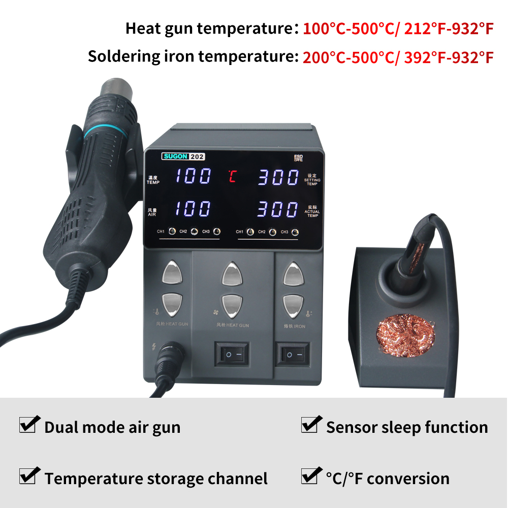 SUGON-202 760 Вт 2 в 1 паяльна – обзор и цена Smd Rework Station Hot Air Soldering 2 In 1